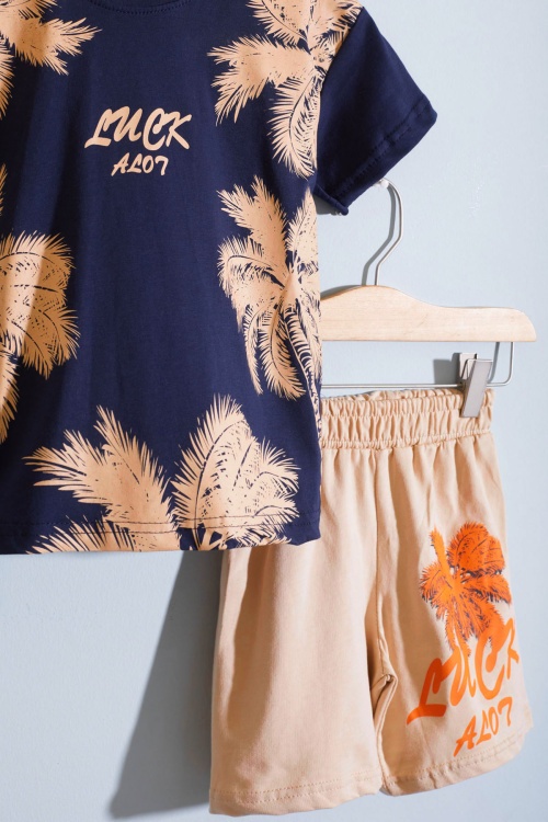 Lacivert Luck Yazı Baskılı Tişörtlü Erkek Çocuk Şortlu Takım 18845