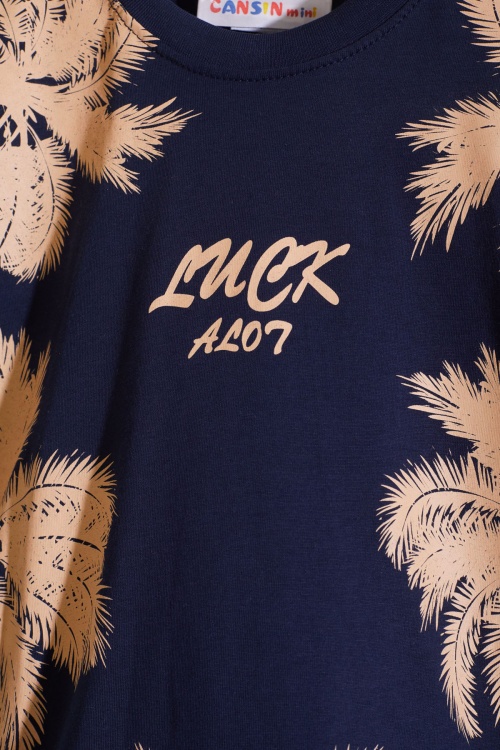 Lacivert Luck Yazı Baskılı Tişörtlü Erkek Çocuk Şortlu Takım 18845