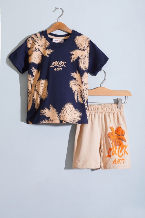 Lacivert Luck Yazı Baskılı Tişörtlü Erkek Çocuk Şortlu Takım 18845