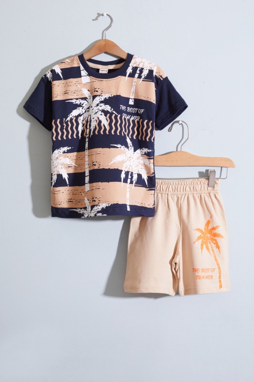 Lacivert Palmiye Baskılı Tişörtlü Erkek Çocuk Şortlu Takım 18847