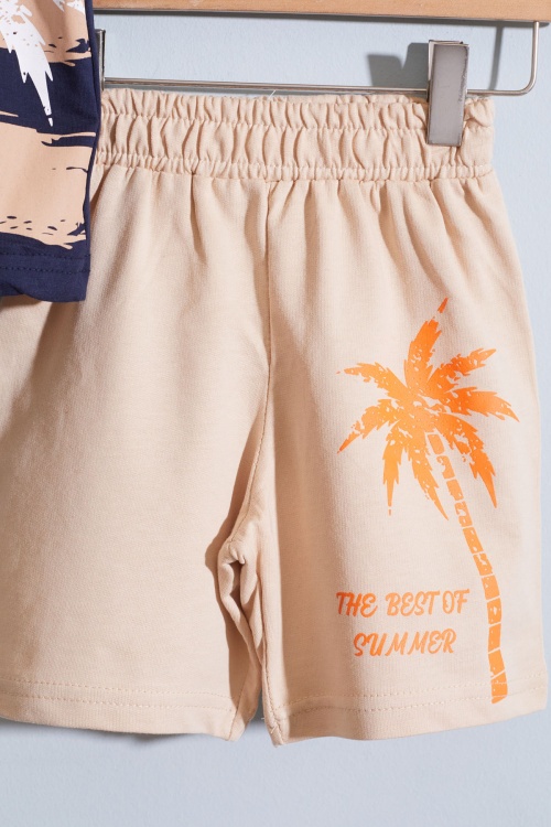 Lacivert Palmiye Baskılı Tişörtlü Erkek Çocuk Şortlu Takım 18847