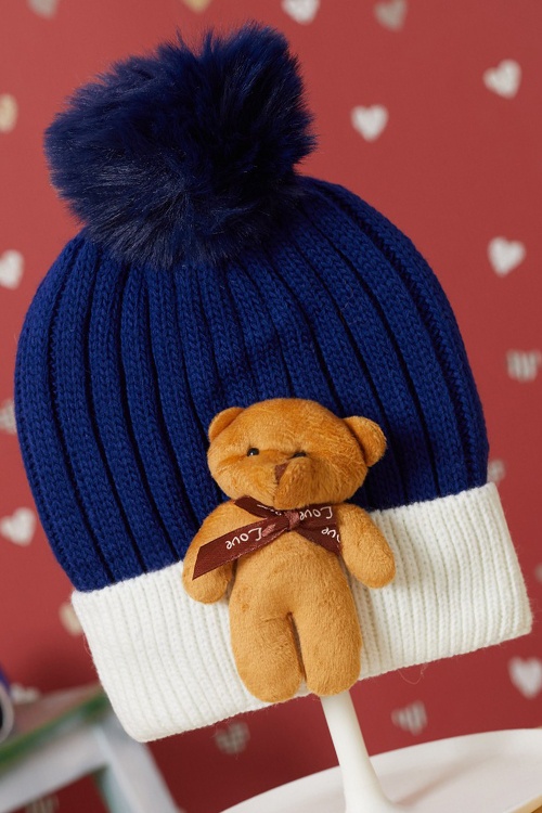 Lacivert Sevimli Ayıcıklı Renkli Ponponlu Çocuk Bere 17241