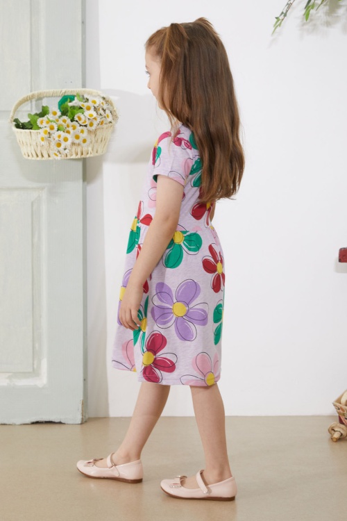 Lila Çiçek Baskılı Kısa Kollu Kız Çocuk Elbise 18794