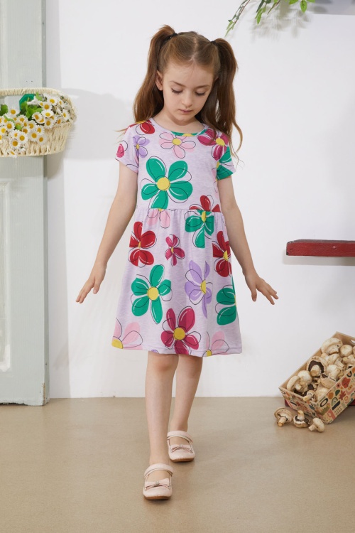Lila Çiçek Baskılı Kısa Kollu Kız Çocuk Elbise 18794