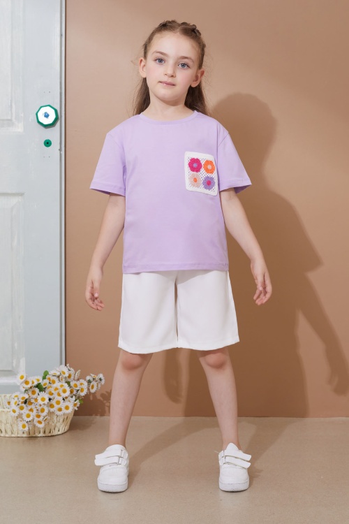 Lila Çiçek Cep Detaylı Kuşaklı Şortlu Kız Çocuk Takım 18735