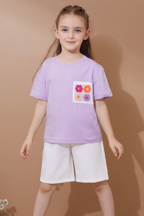 Lila Çiçek Cep Detaylı Kuşaklı Şortlu Kız Çocuk Takım 18735