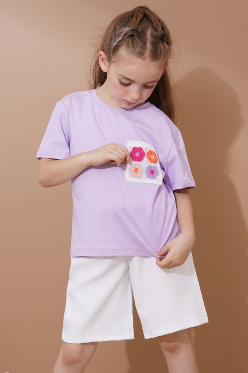 Lila Çiçek Cep Detaylı Kuşaklı Şortlu Kız Çocuk Takım 18735