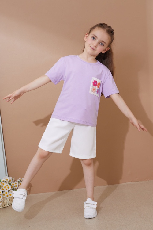 Lila Çiçek Cep Detaylı Kuşaklı Şortlu Kız Çocuk Takım 18735