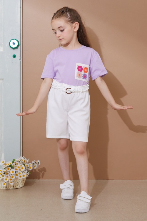 Lila Çiçek Cep Detaylı Kuşaklı Şortlu Kız Çocuk Takım 18735