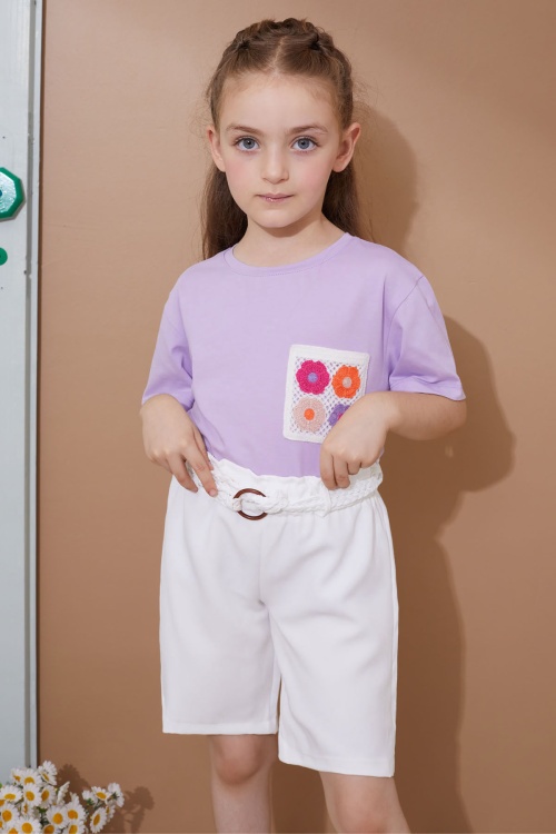 Lila Çiçek Cep Detaylı Kuşaklı Şortlu Kız Çocuk Takım 18735