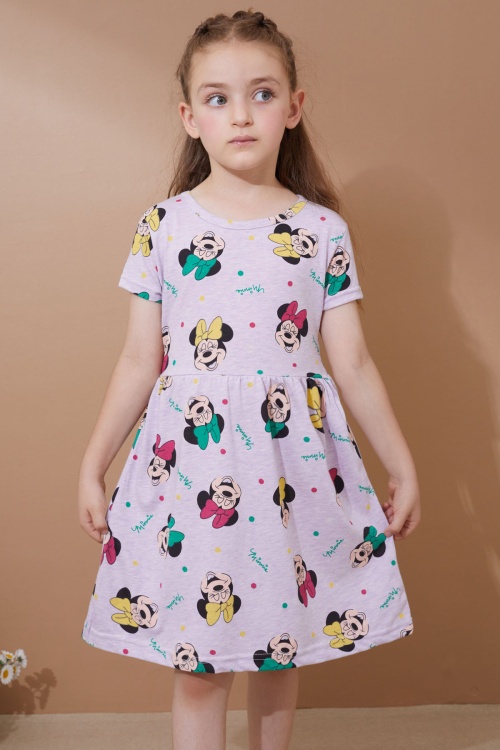 Lila Karakter Baskılı Kısa Kollu Kız Çocuk Yazlık Elbise 18987