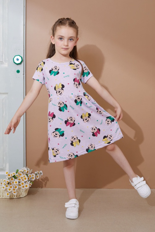 Lila Karakter Baskılı Kısa Kollu Kız Çocuk Yazlık Elbise 18987