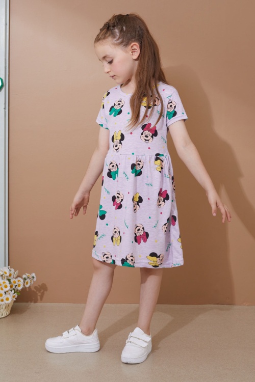 Lila Karakter Baskılı Kısa Kollu Kız Çocuk Yazlık Elbise 18987