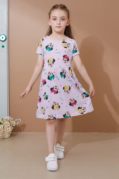 Lila Karakter Baskılı Kısa Kollu Kız Çocuk Yazlık Elbise 18987