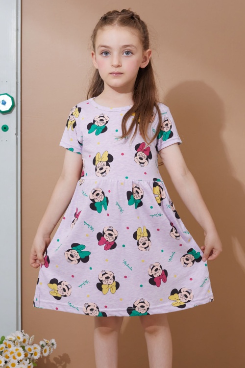 Lila Karakter Baskılı Kısa Kollu Kız Çocuk Yazlık Elbise 18987