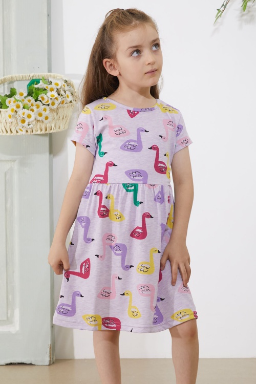 Lila Kuğu Baskılı Kısa Kollu Kız Çocuk Yazlık Elbise