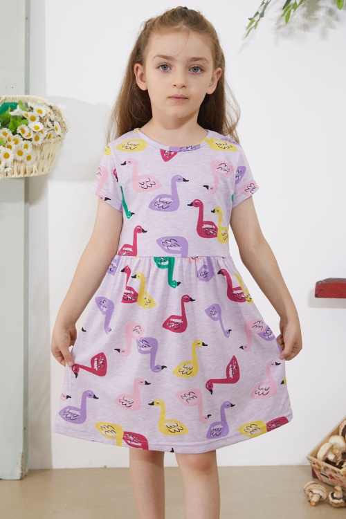 Lila Kuğu Baskılı Kısa Kollu Kız Çocuk Yazlık Elbise