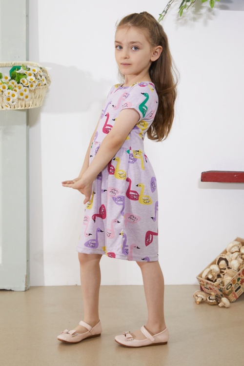Lila Kuğu Baskılı Kısa Kollu Kız Çocuk Yazlık Elbise