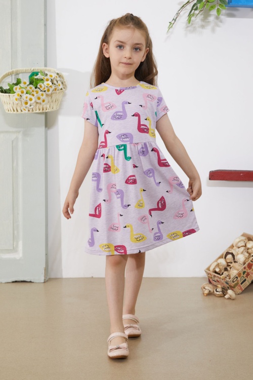 Lila Kuğu Baskılı Kısa Kollu Kız Çocuk Yazlık Elbise