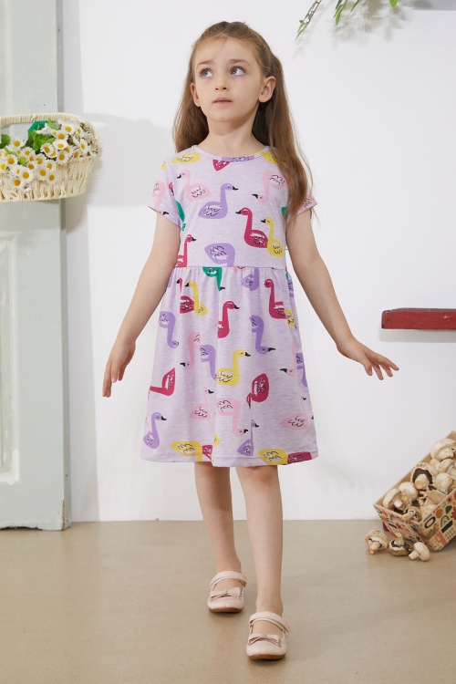 Lila Kuğu Baskılı Kısa Kollu Kız Çocuk Yazlık Elbise