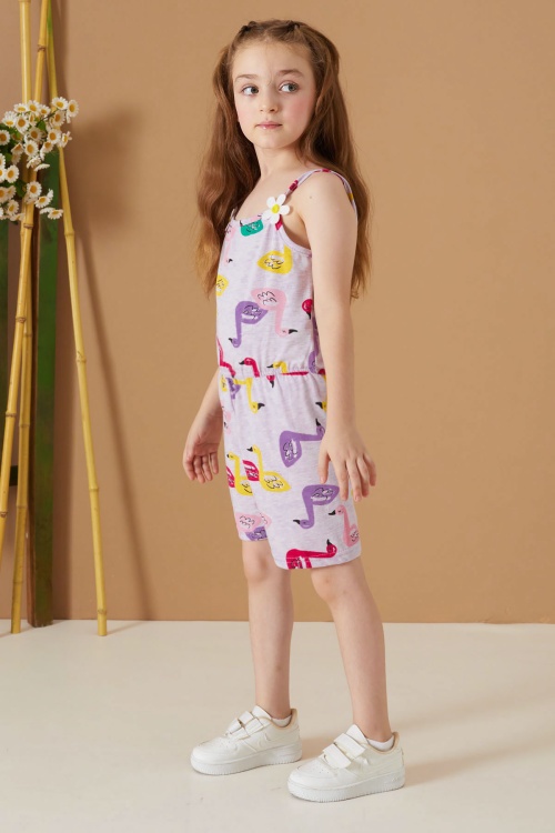 Lila Kuğu Baskılı Yazlık Kız Çocuk Şort Tulum