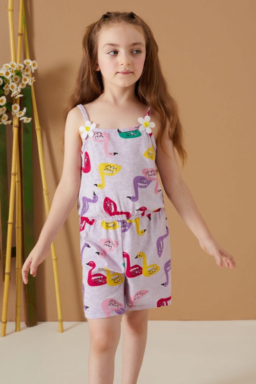 Lila Kuğu Baskılı Yazlık Kız Çocuk Şort Tulum