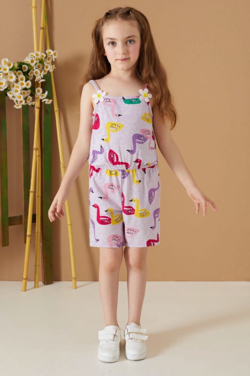 Lila Kuğu Baskılı Yazlık Kız Çocuk Şort Tulum