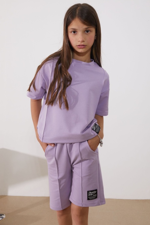 Lila Oversize Tişörtlü Çımalı Kız Çocuk Şortlu Takım 18905
