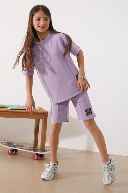 Lila Oversize Tişörtlü Çımalı Kız Çocuk Şortlu Takım 18905