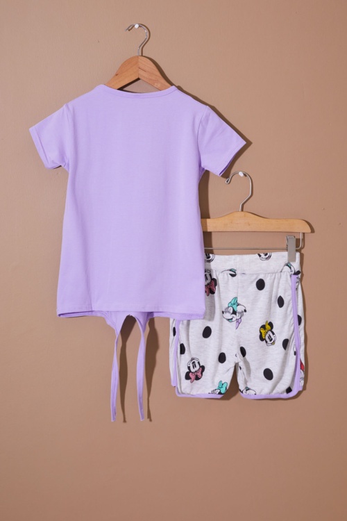 Lila Puantiyeli Fare Baskılı Kız Çocuk Şortlu Takım 19111