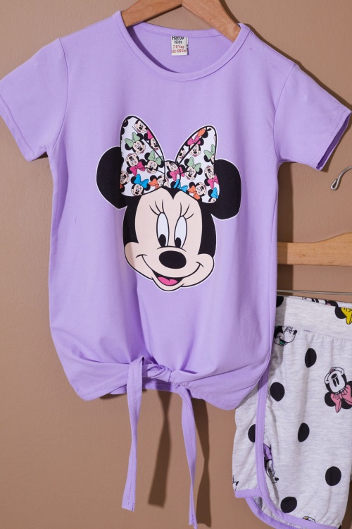 Lila Puantiyeli Fare Baskılı Kız Çocuk Şortlu Takım 19111