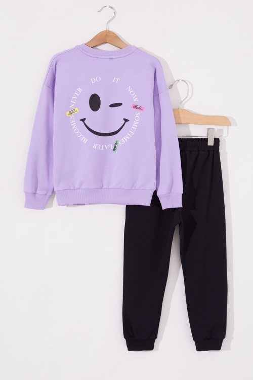 Lila Sırtı Baskılı Yazılı Kız Çocuk Eşofman Takımı 19012