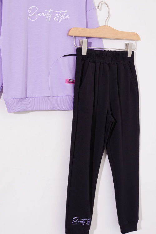 Lila Sırtı Baskılı Yazılı Kız Çocuk Eşofman Takımı 19012