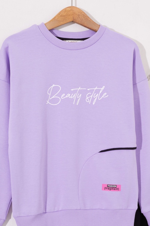 Lila Sırtı Baskılı Yazılı Kız Çocuk Eşofman Takımı 19012