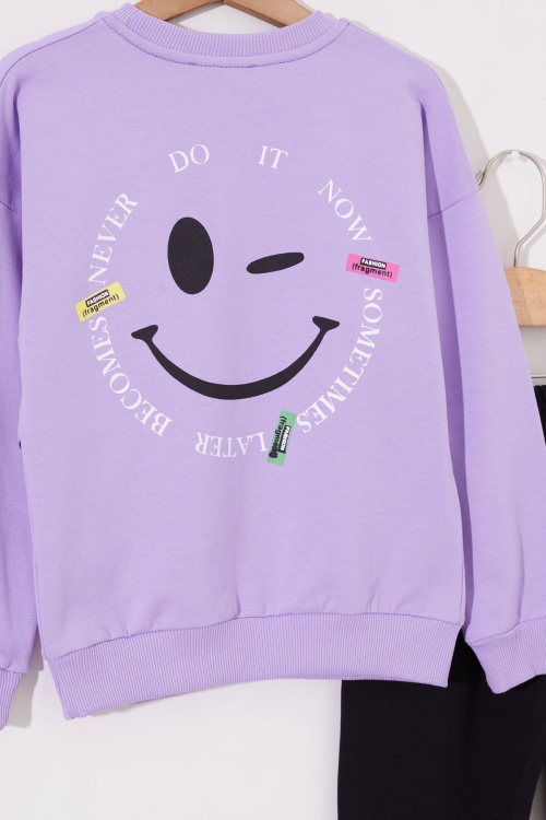 Lila Sırtı Baskılı Yazılı Kız Çocuk Eşofman Takımı 19012