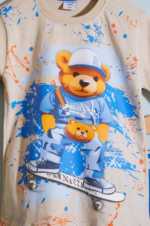 Mavi Ayıcık Baskılı Bisiklet Yaka Erkek Çocuk Şortlu Takım 18685