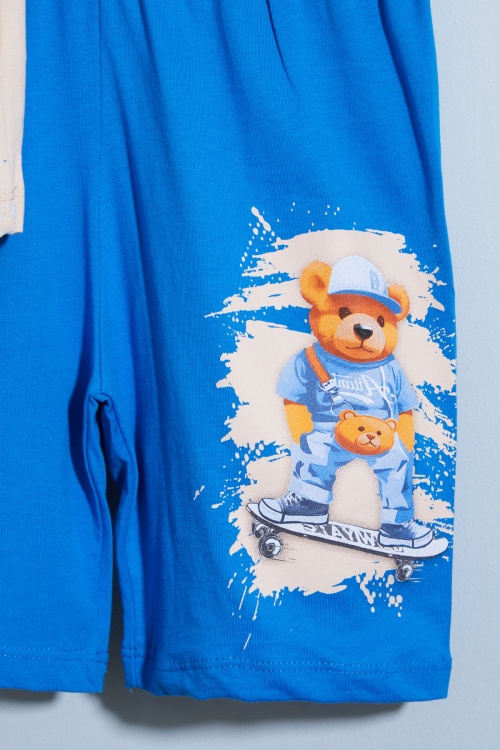 Mavi Ayıcık Baskılı Bisiklet Yaka Erkek Çocuk Şortlu Takım 18685