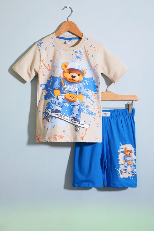 Mavi Ayıcık Baskılı Bisiklet Yaka Erkek Çocuk Şortlu Takım 18685