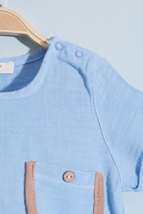 Mavi Cep Detaylı Çıtçıt Yakalı Erkek Bebek Şortlu Takım 18731