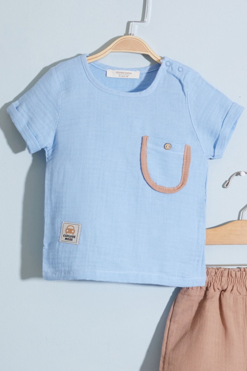 Mavi Cep Detaylı Çıtçıt Yakalı Erkek Bebek Şortlu Takım 18731