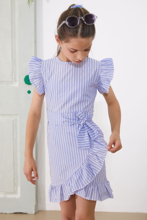 Mavi Çizgi Desenli Kuşaklı Kız Çocuk Kısa Kol Elbise 18971