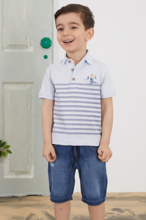 Mavi Çizgili Polo Yaka Tişörtlü Jean Şortlu Erkek Çocuk Takım 18750