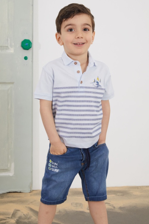 Mavi Çizgili Polo Yaka Tişörtlü Jean Şortlu Erkek Çocuk Takım 18750