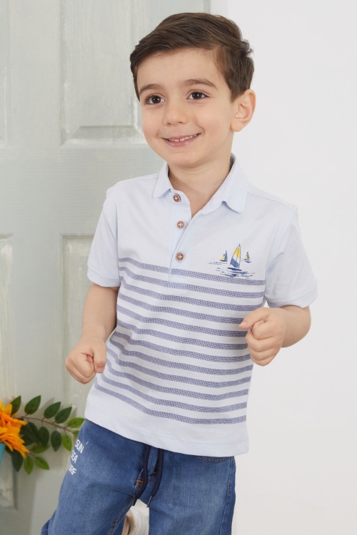 Mavi Çizgili Polo Yaka Tişörtlü Jean Şortlu Erkek Çocuk Takım 18750