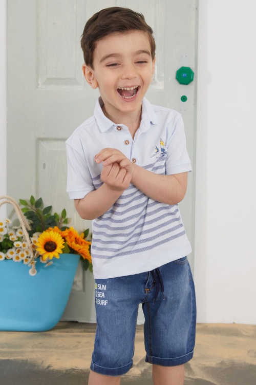Mavi Çizgili Polo Yaka Tişörtlü Jean Şortlu Erkek Çocuk Takım 18750