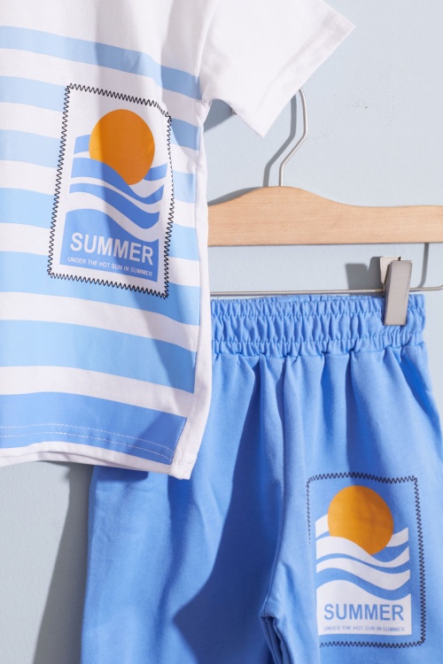 Mavi Çizgili Summer Baskılı Erkek Çocuk Şortlu Takım 18932