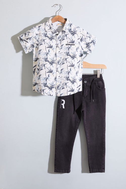 Mavi Desenli Kısa Kol Gömlekli Erkek Çocuk Pantolonlu Takım 19009