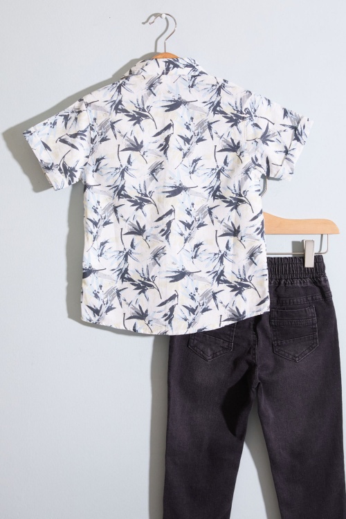 Mavi Desenli Kısa Kol Gömlekli Erkek Çocuk Pantolonlu Takım 19009