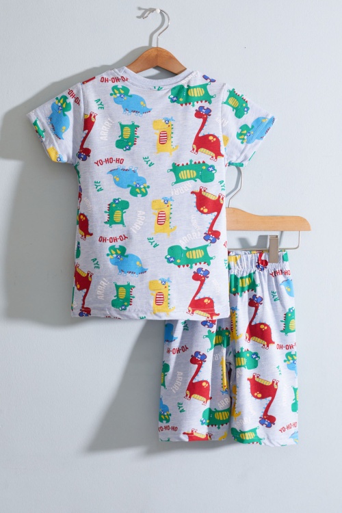 Mavi Dino Baskılı Bisiklet Yaka Erkek Çocuk Şortlu Takım 19032