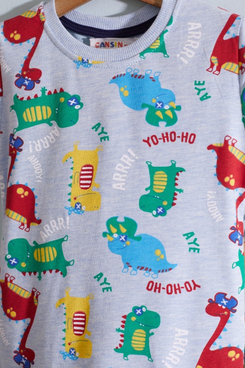 Mavi Dino Baskılı Bisiklet Yaka Erkek Çocuk Şortlu Takım 19032